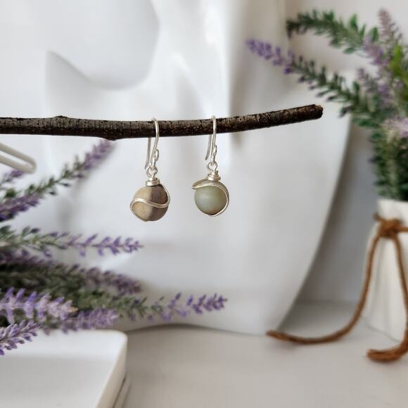 Silver Plated Wire Wrapped Amazonite Earrings, Boho Dangle Earrings - Picture 10 of 10